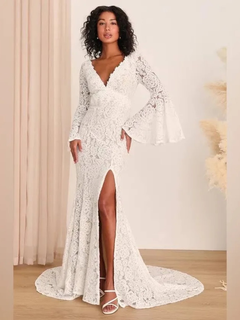 Lulus Ivory Lace Bell Sleeve Maxi Wedding Dress - bohemian Size Medium